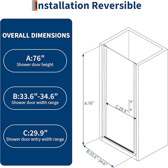 Frameless Hinged Shower Door with Pivot - 34 Inch Wide x 72 Inch High, 1/4" (6mm) Clear Tempered Glass, Reversible Inswing or Outswing Door, Easy-Clean Hydrophobic Coating, Brushed Nickel Finish