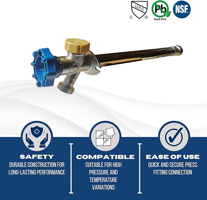 Garden Hose Threaded Sillcock - Anti-Siphon & Frost Free - 10” long - 1/2" Pushfit x 3/4" GHT with Ball Valve - Blue Handle