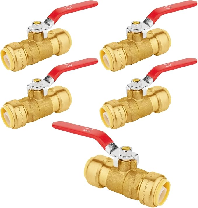 5-PCs HeSun Push Fit Ball Valve, 3/4-Inch Push-to-Connect Full Port Shut-off Valve for Hot and Cold Water,with 1 Disconnect Clip, PEX,Copper,CPVC, Red(PF-VALVE012-5)