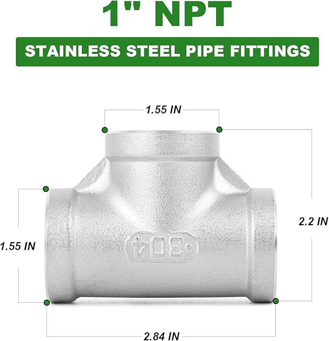 TAISHER 2PCS Stainless Steel Tee Pipe Fittings, 1" x 1" x 1" NPT Female Pipe Fittings