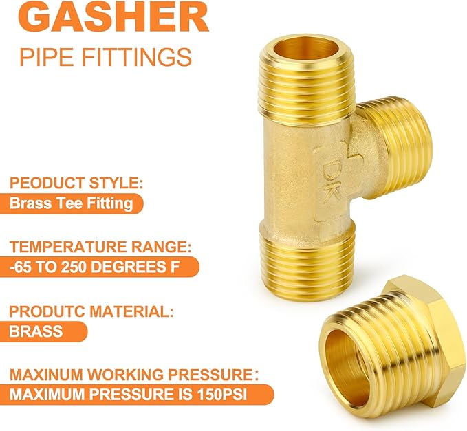 GASHER 5PCS Brass Male Tee Pipe Fitting T Adapter, 3 Way Brass Fitting 1/2" x 1/2" x 1/2" NPT T Fitting
