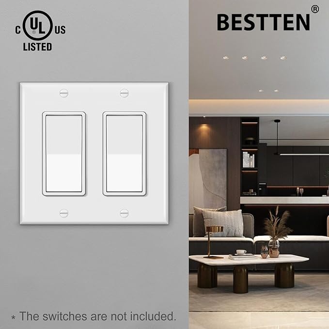 [2 Pack] BESTTEN 2-Gang Decorator Wall Plate, Standard Size, H4.53” x W4.57”, Unbreakable Polycarbonate Outlet and Switch Cover, UL Listed, White