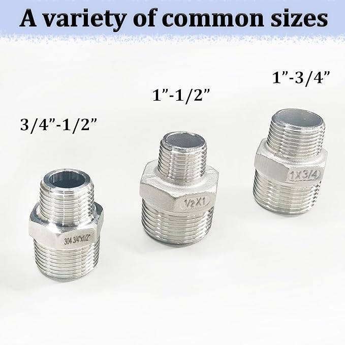 ZOUNI 2pcs Reducing Hex Nipple, 304 Stainless Steel 3/4" NPT Male x 1/2" NPT Male Pipe Fitting Reducer Nipple Adapter 2000psi Reducer Straight Connector(2pcs, 3/4"-1/2")