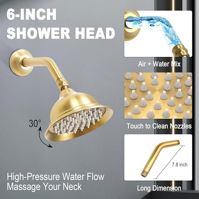 Enga Antique Shower Faucet Sets Dual Heads with 4 Body Jets, 8" + 6" Ceiling & Wall Mount Vintage Shower Head with Handheld Spray Combo, 4 Way Diverter Brass Valve, Bright Gold