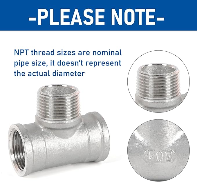 Kodilin Pipe Fittings 304 Stainless Steel Tee Pipe Fittings, 3/4" NPT Female x 3/4" NPT Male x 3/4" NPT Female Pipe Fittings, Male Branch Tee - 4PCS