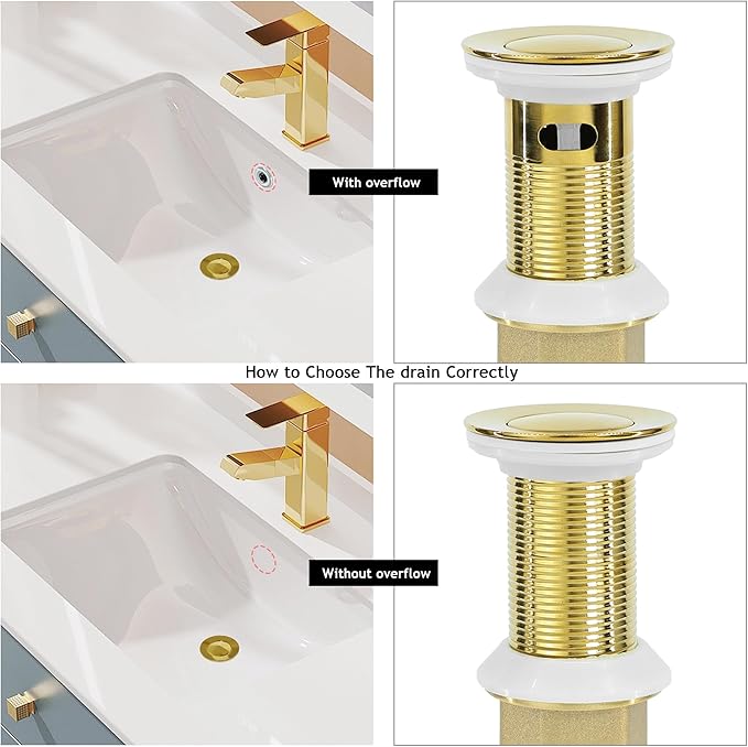 Bathroom Sink Drain,2 Pack Gold Stainless Steel Bathroom Drain Stopper with Overflow,Small Cap Pop Up Drain Assembly with Detachable Strainer Basket,Built-in Anti-Clogging