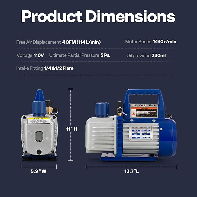 VIVOHOME 110V 1/3 HP 4 CFM Single Stage Rotary Vane HVAC Vacuum Pump with Oil Bottle, Auto AC Vacuum Pump for Automotive Air Conditioner Servicing Resin Degassing