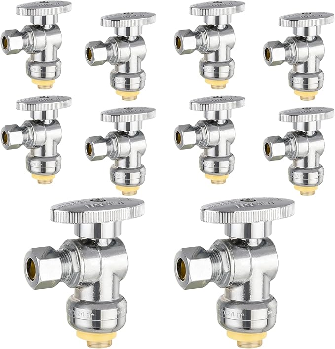 HeSun 10-PCs Push-Fit Angle Stop Valve, 1/2" Push x 1/4" OD Compression Angle Stop, 1/4 Turn Water Shut Off Valve for Bathroom with Disconnect Clip Tool
