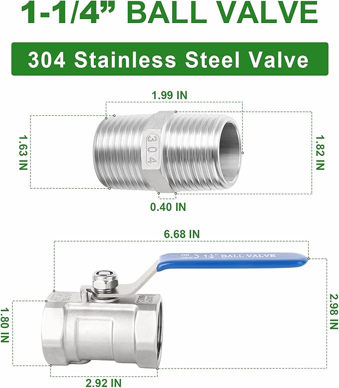 TAISHER 2 Pcs 1-1/4 Inch FNPT Ball Valve Kit, 304 Stainless Steel with Blue Handles & Nipple