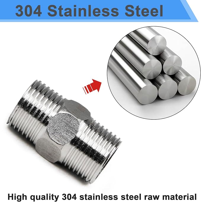 2Pcs 1/2" Male Hex Nipple Pipe Fitting, 304 Stainless Steel Threaded Adapter Fittings, 1/2 Inch Male Equal Nipples Connectors, Male Straight Threaded Pipe Fitting