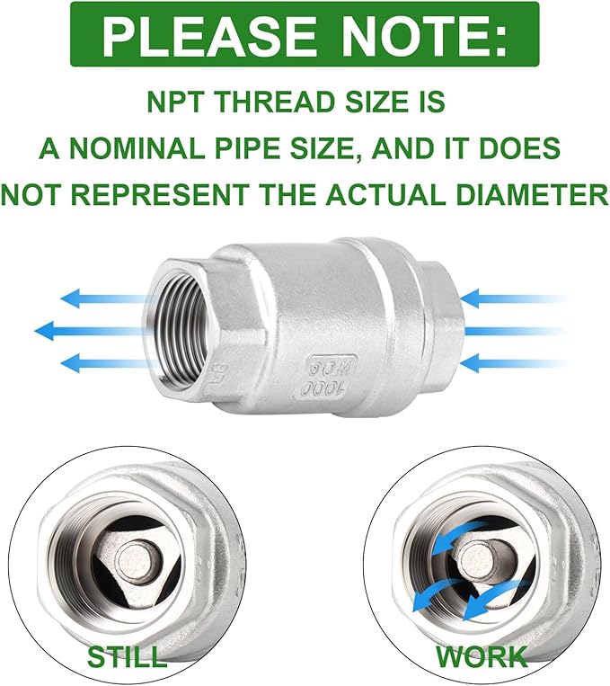TAISHER 2PCS 304 Stainless Steel 1" NPT Female Vertical Check Valve，Backflow Prevention, One Way Spring Check Valves CF8 WOG 1000