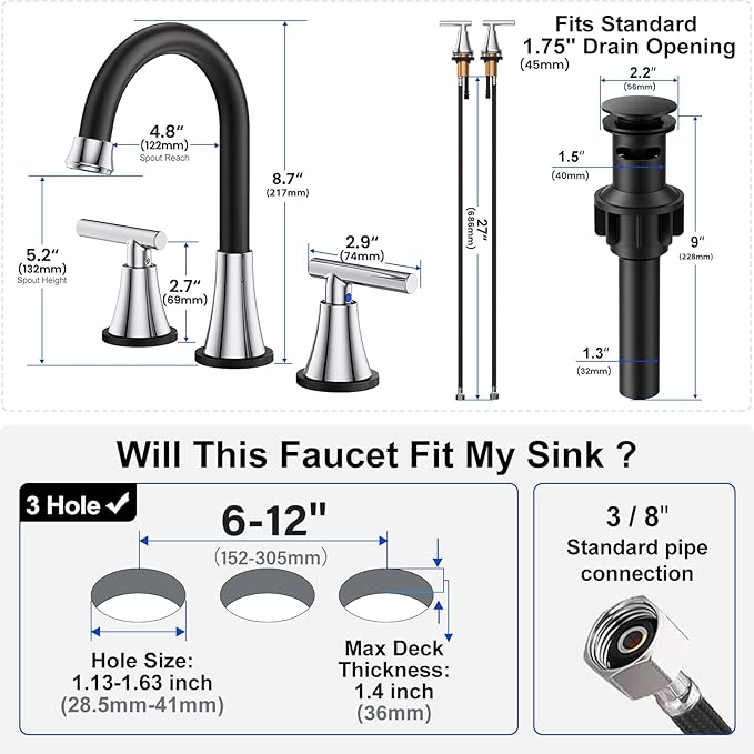 Bathroom Faucets for Sink 3 Hole, Hurran Black& Chrome Bathroom Sink Faucet with Pop-up Drain and Supply Lines, Stainless Steel Lead-Free Widespread Faucet for Vanity RV Farmhouse Sink