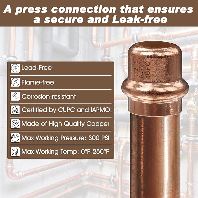 Copper Press Fittings 1/2" Copper End Cap, Zero Lead 1/2" Coopers Press Cap End Plug Coppers Pipe Caps for Plumbing,OD 5/8”,Use with Hydraulic Press Fitting Tool,12PCS