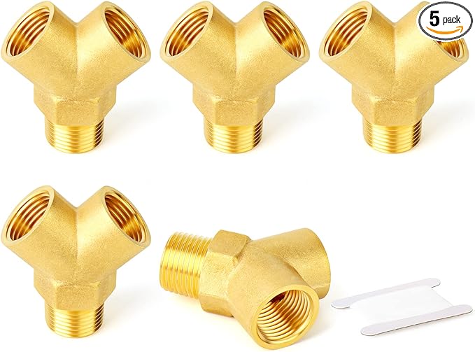GASHER 5PCS Brass Pipe Fitting Male Branch Tee Y Adapter 3/8" NPT Female x 3/8" NPT Female x 3/8" NPT Male