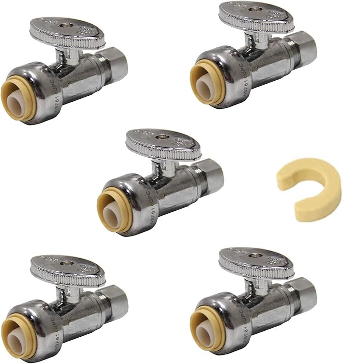 (Pack of 5) EFIELD Push Fit 1/4 Turn Straight Stop Valve Water Shut Off 1/2 Push x 3/8 Inch Compression with Dismount Clip Tool,(PF-UNI001-5PCS)