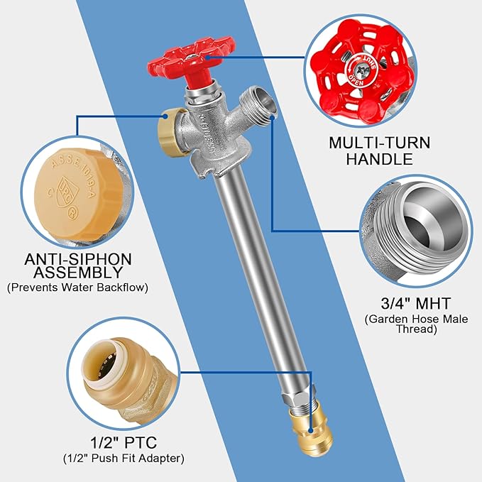 Boltigen 12inch Anti-Siphon Frost Free Sillcock, No Lead Brass Frost Proof Outdoor Faucet Bib with Backflow Preventer, 1/2" Push-to-Fit Connector X 3/4 Inch Hose Bibb Frost Free Spigot