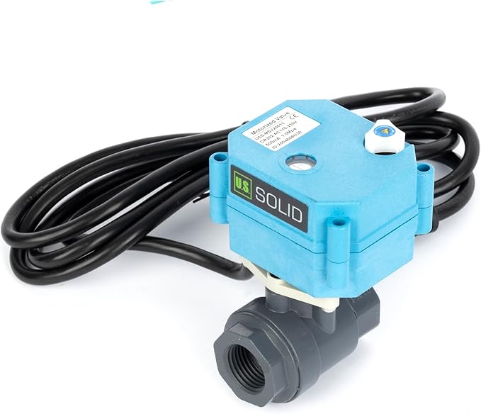 U.S. Solid 1/2 inch PVC Motorized Ball Valve - Plastic Electrical, US Plug, 2 Wire Auto Return, AC 110~230V, IP67, Manual Override, Normally Closed
