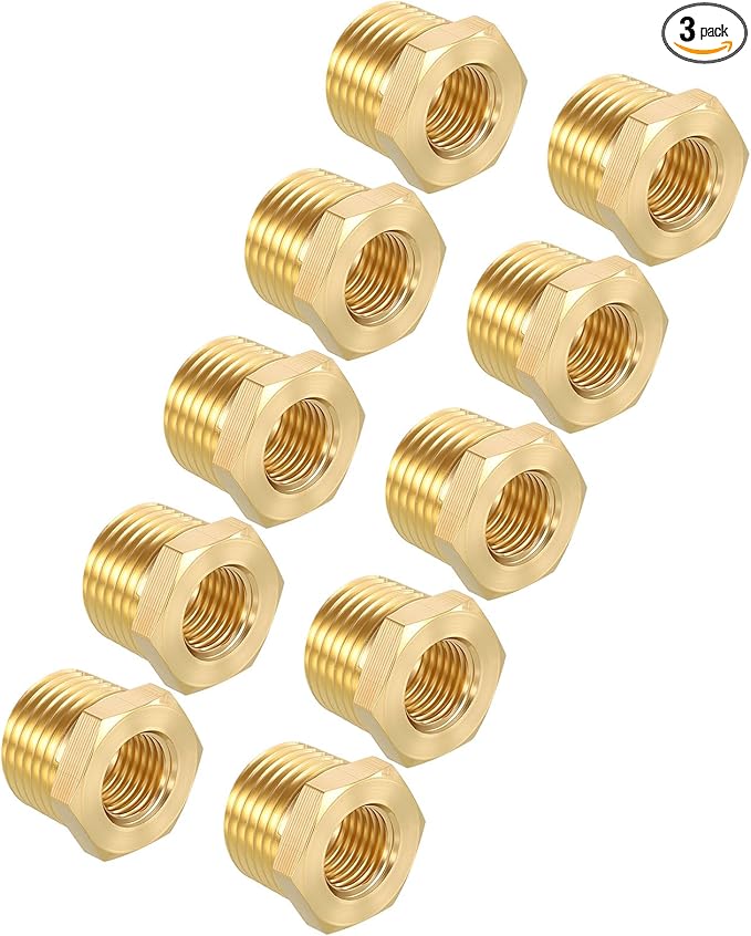 Pack of 3, 1/2" Male NPT to 1/4" FeMale NPT Solid Brass Hex Bushing, Hose Fittings Adapter Reducer Fit for Pipe Leak Repair, Bathroom Remodeling, Tool Extensions, Compression