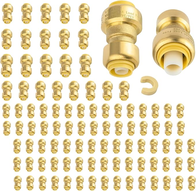 (Pack of 100) Niikappu 1/2" x 3/8" Reducing Coupling Brass Fittings, Push-to-Connect Plumbing Fitting for Pex, Copper, CPVC, Includes Removal Clip