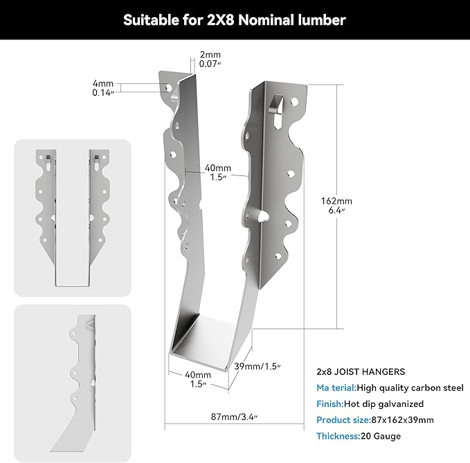 2X8 Joist Hanger 20 Gauge LU28 Galvanizing Face Mount Joist Hangers for Wood Hurricane Ties Widely Applicable Rafter Ties - 25 pk
