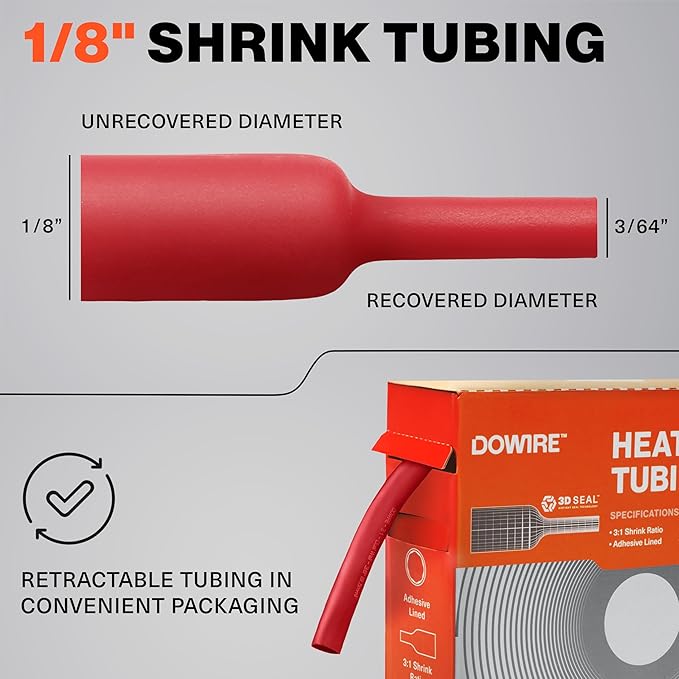 Heat Shrink Tubing 1/8" - Adhesive Lined - 3:1 Ratio - Waterproof Marine Grade Shrink Tube - Wire Shrink Wrap Tubing - Red - 50 Feet