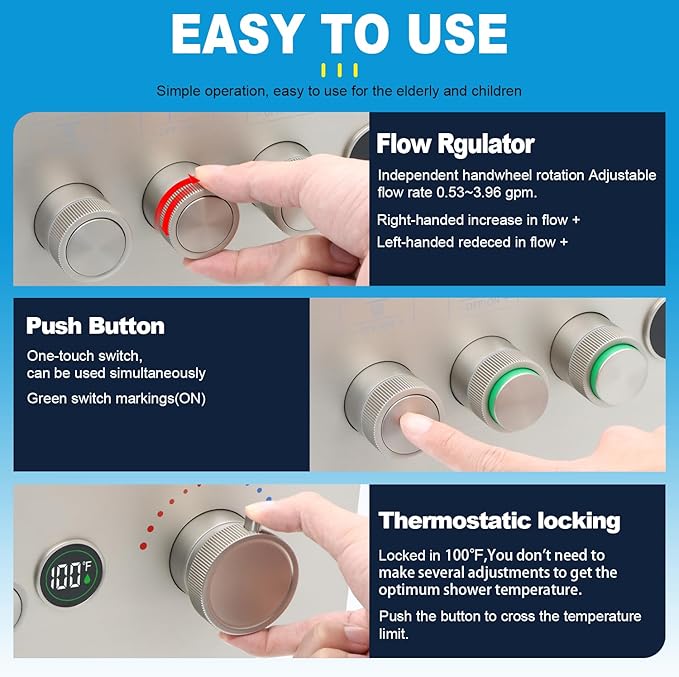 Enga 3-Function Shower Mixing Valve, Temperature Display Push-Button Thermostatic Valve with Flow Volume Control, Brushed Nickel