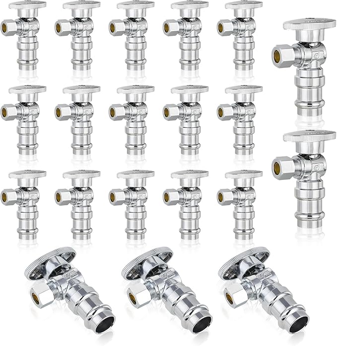 20-Pack GUOFIS Angle Stop Valve,1/2" Nominal Press Inlet x 3/8" OD Compression Outlet,1/4-Turn Shut-off Valve for Potable Water(Chrome Plated)(VALVE393-20Pack)