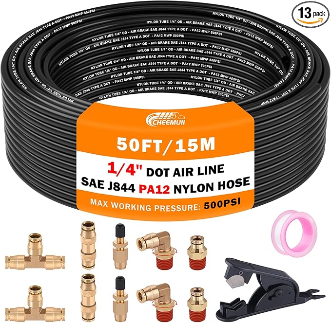 CheeMuii 50FT 1/4 DOT Air Line with 10 Pcs Brass Fittings Kit for Air Bags Suspension