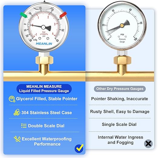 MEANLIN MEASURE -30inHG~60Psi Vacuum Pressure Gauge 316 Stainless Steel Joint 1/4" NPT 2.5" FACE DIAL, Stainless Steel Liquid Filled Pressure Gauge WOG Water Oil Air Lower Mount, 2PCS Snaps