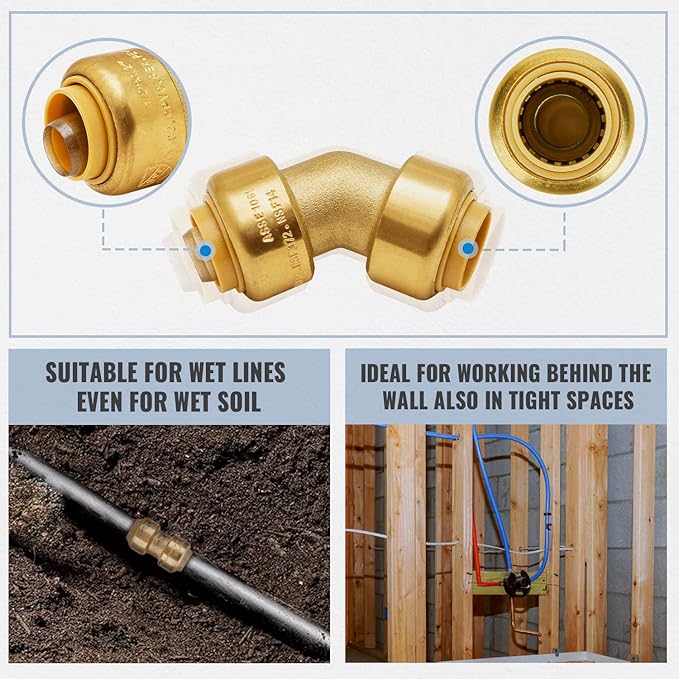 SUNGATOR 1/2 Inch 45 Degree Elbow, No Lead Brass Plumbing Fittings Push to Connect PEX Pipe, Copper, CPVC, PE-RT, with 1 Disconnect Clip, Pack of 3