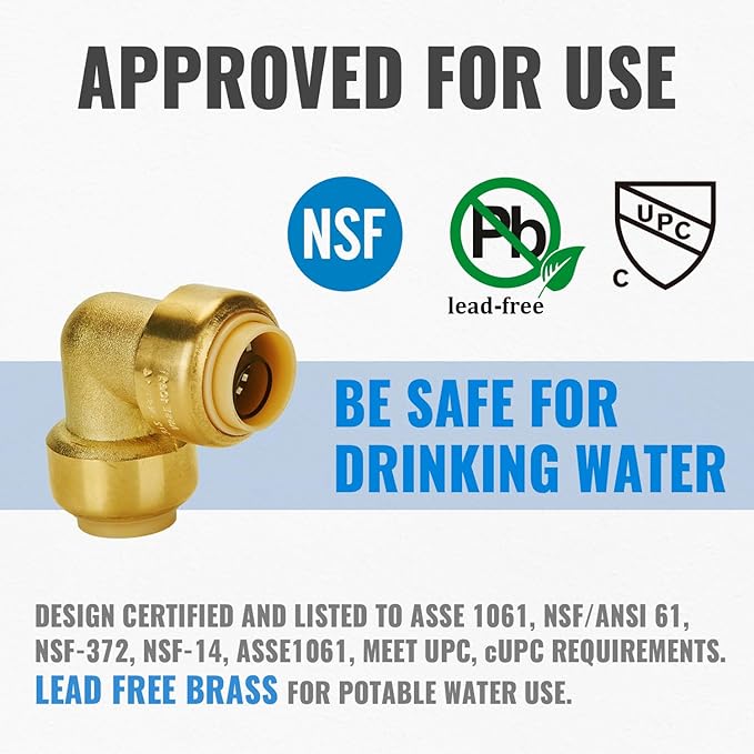 SUNGATOR 1/2 Inch 90 Degree Elbow, Push Pex Elbow 1/2 Inch, No Lead Brass Push-to-Connect 90 Degree Plumbing Fittings for Pex Pipe, Copper, CPVC, with 1 Disconnect Clip, Pack of 6