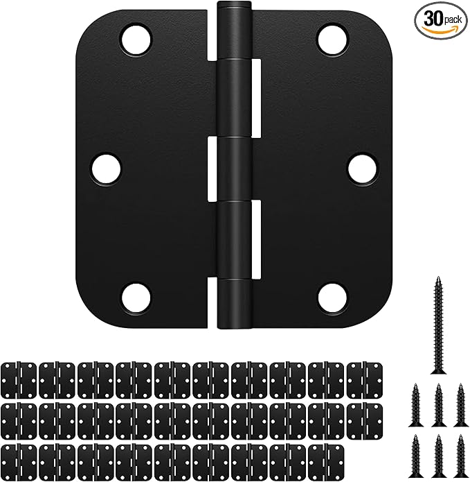 30 Pack Rounded Black Door Hinges Matte 3.5 Inch 5/8" Radius Interior 3 1/2 Inch Flat Iron Bifold Residential Standard Bedroom Interior Exterior and Closets Doors 3 ½"x 3 ½" Heavy Duty Hardware