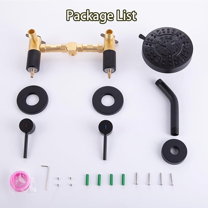 Matte Black 2 Handle Shower faucet Set, 8 Mode Shower Head Bathroom Shower Faucet Trim Kit with Rough-in Valve, Wall Mount