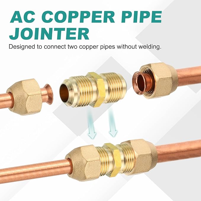 PATIKIL 8mm OD Copper Pipe Extension Joint Connectors,1Pcs Free Welding Copper Flare Fittings Pipe Coupling Adapter with Flare Nuts for AC Pipeline Connection