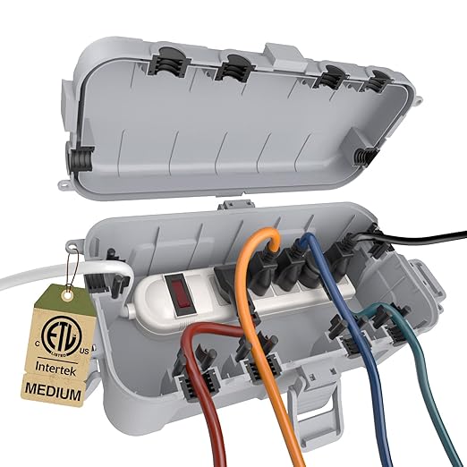 Flemoon Medium Outdoor Electrical Box (11.5x5.2x4 inch), IP54 Waterproof Extension Cord Cover w/6 Cable Entry Ports, Weatherproof Connection Box for Power Strip, Timer, Holiday Lights, Light Grey