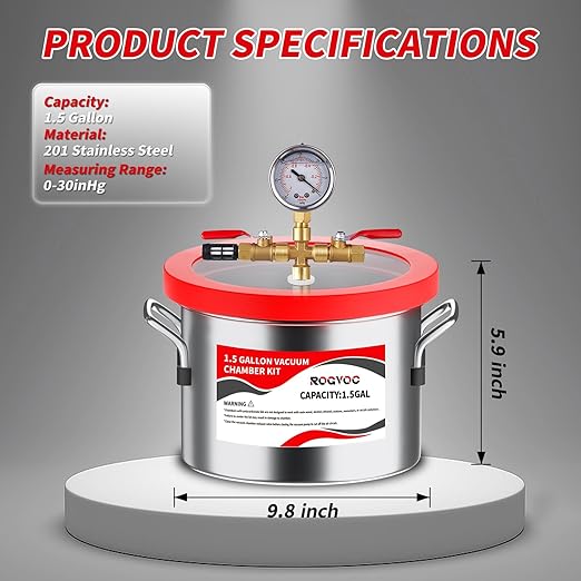 1.5 Gallon Vacuum Chamber, 201 Stainless Steel Degassing Chamber with Acrylic Lid and 4.9 ft Hose, for Resin, Silicone, Epoxy, Plaster Degassing and Wood Stabilization Projects
