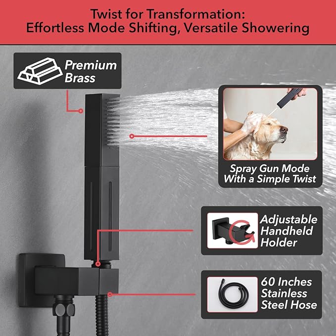 VANFOXLE Shower Faucet Set Matte Black Four Modes Shower System,Shower Faucet with 2 in 1 Handheld,Ceiling Mount 16 Inch LED Shower Head(Rain and Waterfall)+6 Inch Shower Head
