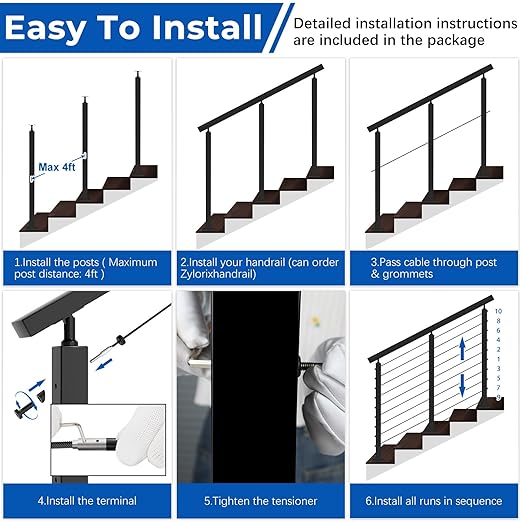 Upgraded 2-12FT Swageless Black Stair Cable Railing Post Kit 36 Inch, 2 Heavy-Duty T304 Stainless Steel Post Fit 28-38 Degree Stairway, Patent Reusable Terminal, Outdoor Finish(No Handrail)