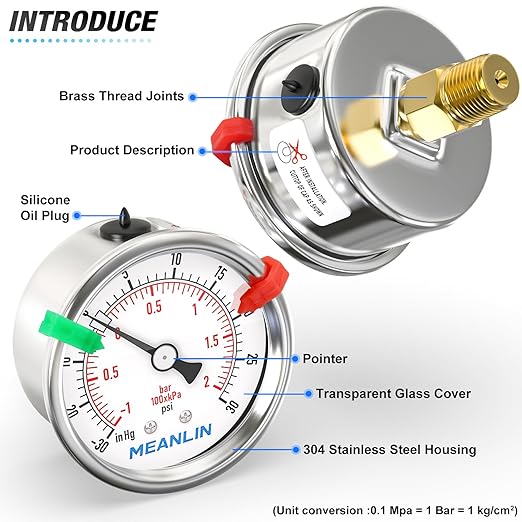 MEANLIN MEASURE -30inHG~30Psi Vacuum Gauge Stainless Steel 1/4" NPT 2" FACE DIAL Waterproof for Air Compressor HVAC Negative Pressure Hand Pump Pool Center Back Mount (with 2PCS Snaps)
