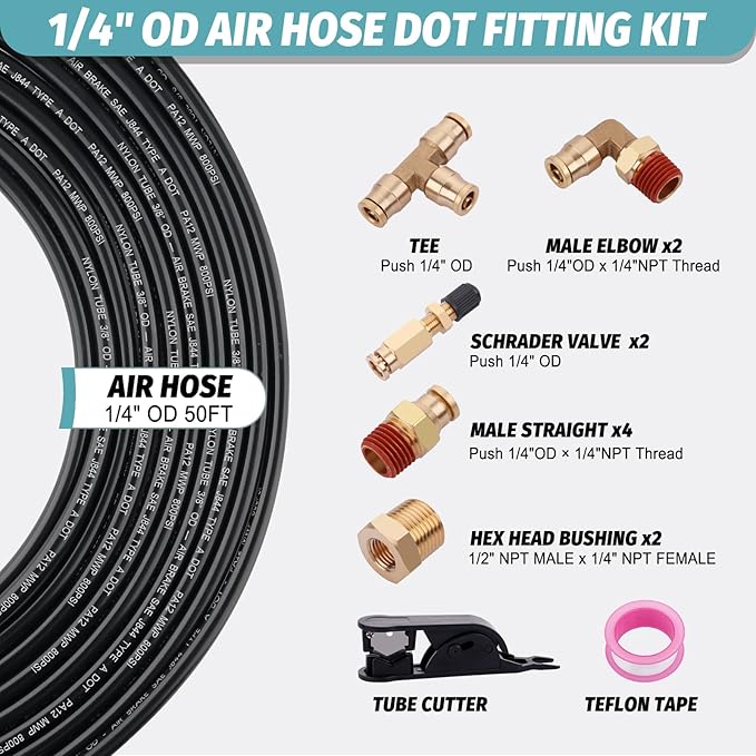 50FT 1/4 Air Hose Brass Fittings Kit 11pcs 1/4" OD Quick Push to Connect DOT Brass Fittings 1/4 SAE J844 PA12 Nylon Air Line Tubing with Cutter for Air Suspension Kit Truck Trailer Brake System