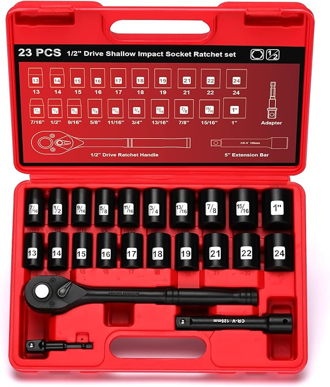 AIRTOON 1/2" Drive Impact Socket Set, 23-Piece Shallow Socket, SAE (7/16 to 1-Inch) & Metric (13-24 mm) Sizes, Ratchet Handle, Adapter, CR-V Steel