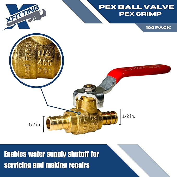 XFITTING 10 Pieces 1/2" Pex Ball Valve with Handle Red, 24-2-1=10X (10)