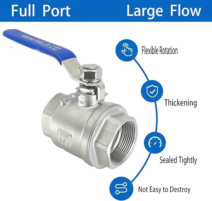 1-1/2" NPT Full Port Heavy Duty Ball Valve Stainless Steel 304 For Water,Oil and Gas with Blue Handles（1000WOG）