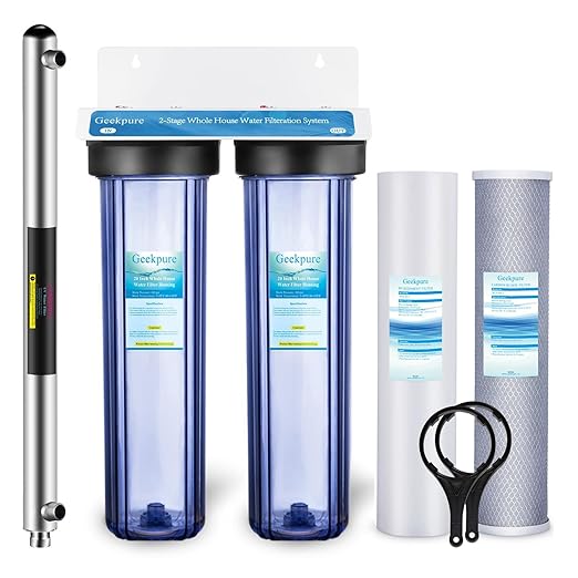 Geekpure 3 Stage Whole House Water Filter System with 20-Inch Clear Housing 4.5" x 20" 5 Micron 1 Inch NPT Brass Port-Pack of 2