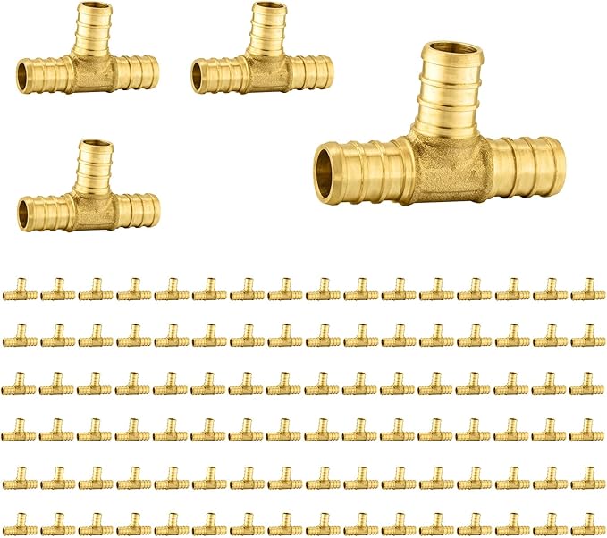 400-Pack Foskan PEX Fittings, 1/2" PEX Tee, Brass Barb Crimp PEX Fittings for Hot or Cold Water Distribution