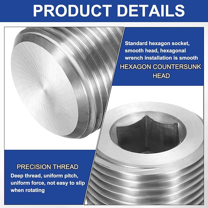 PATIKIL 2 Pcs 304 Stainless Steel Pipe Plug M22 x 1.5 Male Internal Hex Thread Socket Pipe Plug Hex Countersunk Pipe Fitting for Sealing Water Oil Gas Pipeline, Silver