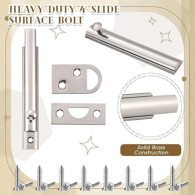 Lothee 4 Pcs Solid Brass Surface Bolt Door Slide Bolt Door Latches for Top of Slide Latch Lock(4",Silver)