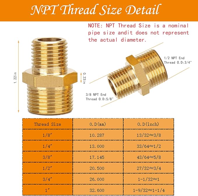 2Pcs 1/2" NPT x 3/8" NPT Solid Brass Fitting Pipe Fitting, 1/2 to 3/8 Hose Adapter Brass Hex Fitting, 1/2 to 3/8 Male to Male NPT Threaded Reducing Union Fitting