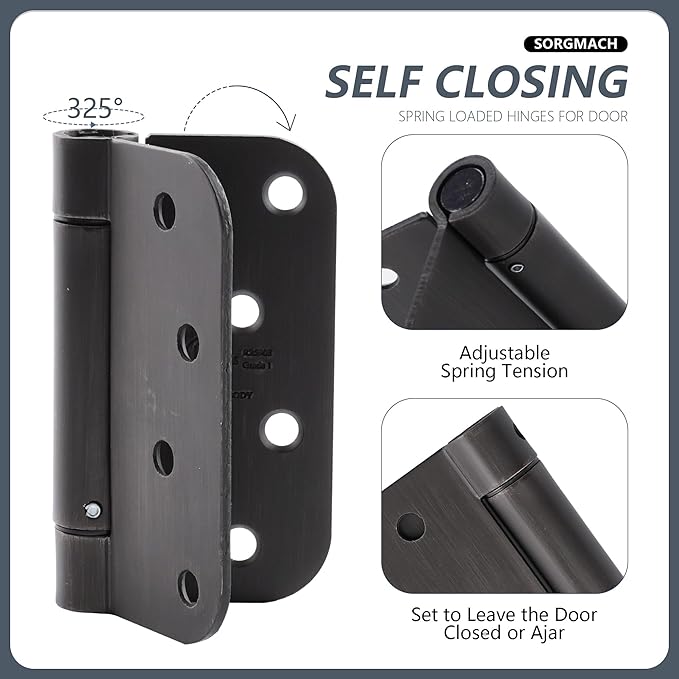 Self Closing Hinge Oil Rubbed Bronze Auto Close Hardware Hinge Outlet Adjustable Spring Hinges Door Closer Hinge 5/8" Radius Corner for Commercial Grade Self-Closing, UL Listed 3 Pack