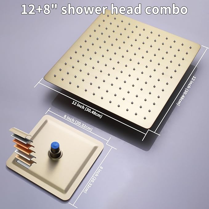 Brushed Gold Shower System Set Temperature Display Push Button Shower Faucet with 12 inch and 8 inch Wall Mount Full Body Shower Head and Handheld Shower